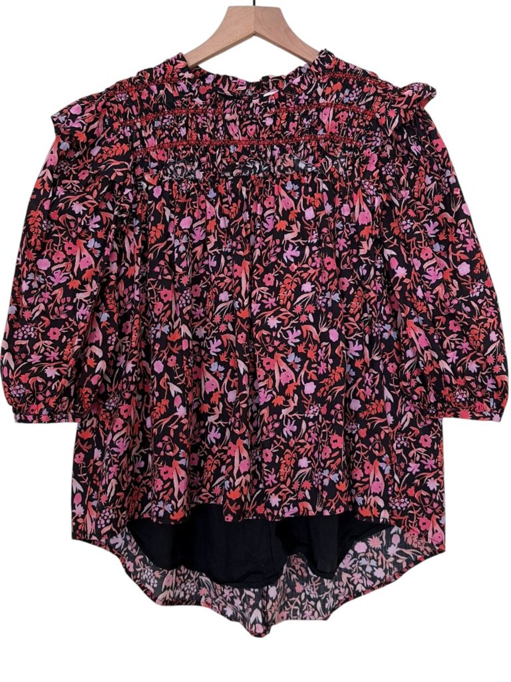 Aureum The Label Black Pink Floral Printed Smocked Blouse